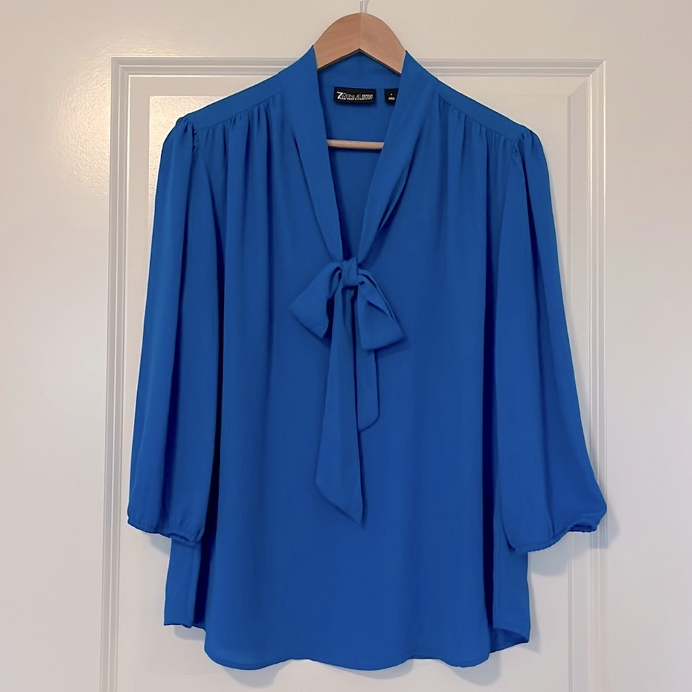 New York and Company Royal Blue V Neck Blouse with tie